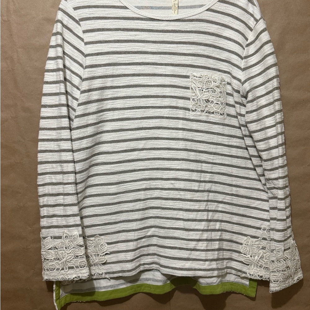 Matilda Jane Gray and White Striped Top with Lace Accents